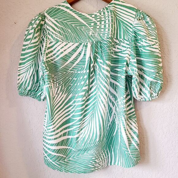 Panama Jack Womens XS Green White Palm Front Tropical Print Linen Blouse Botanic - Picture 2 of 8